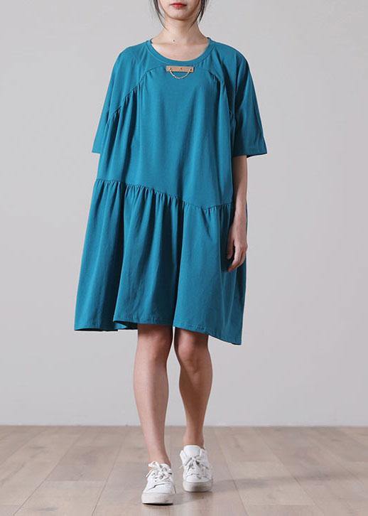 Classy Blue Cinched Long Summer Cotton Dress - SooLinen