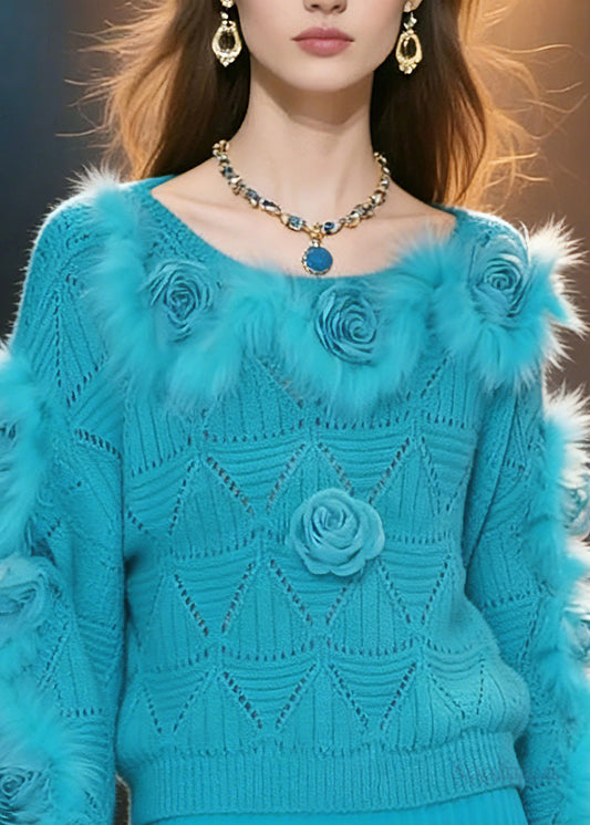 Classy Blue Fuzzy Fur Fluffy Floral Cotton Knit Sweaters Spring