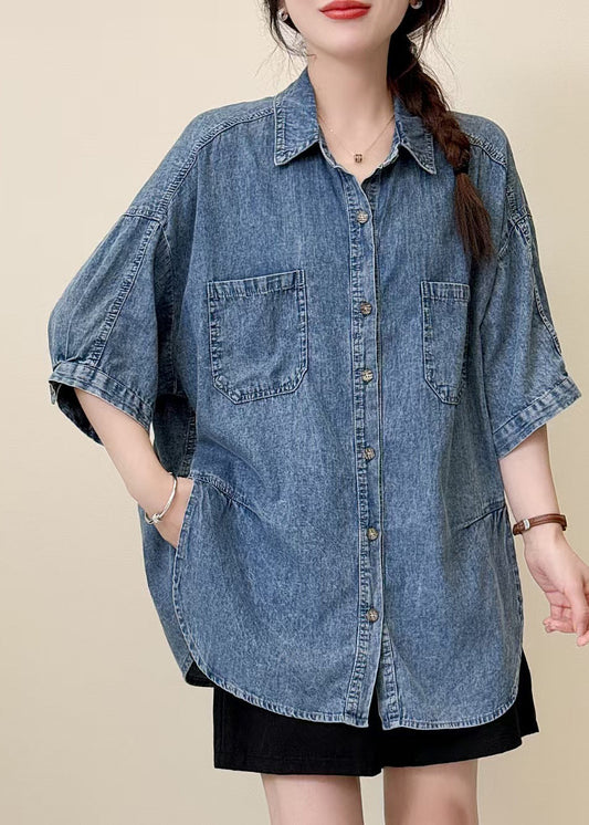 Classy Blue Oversized Side Open Denim Shirt Top Summer