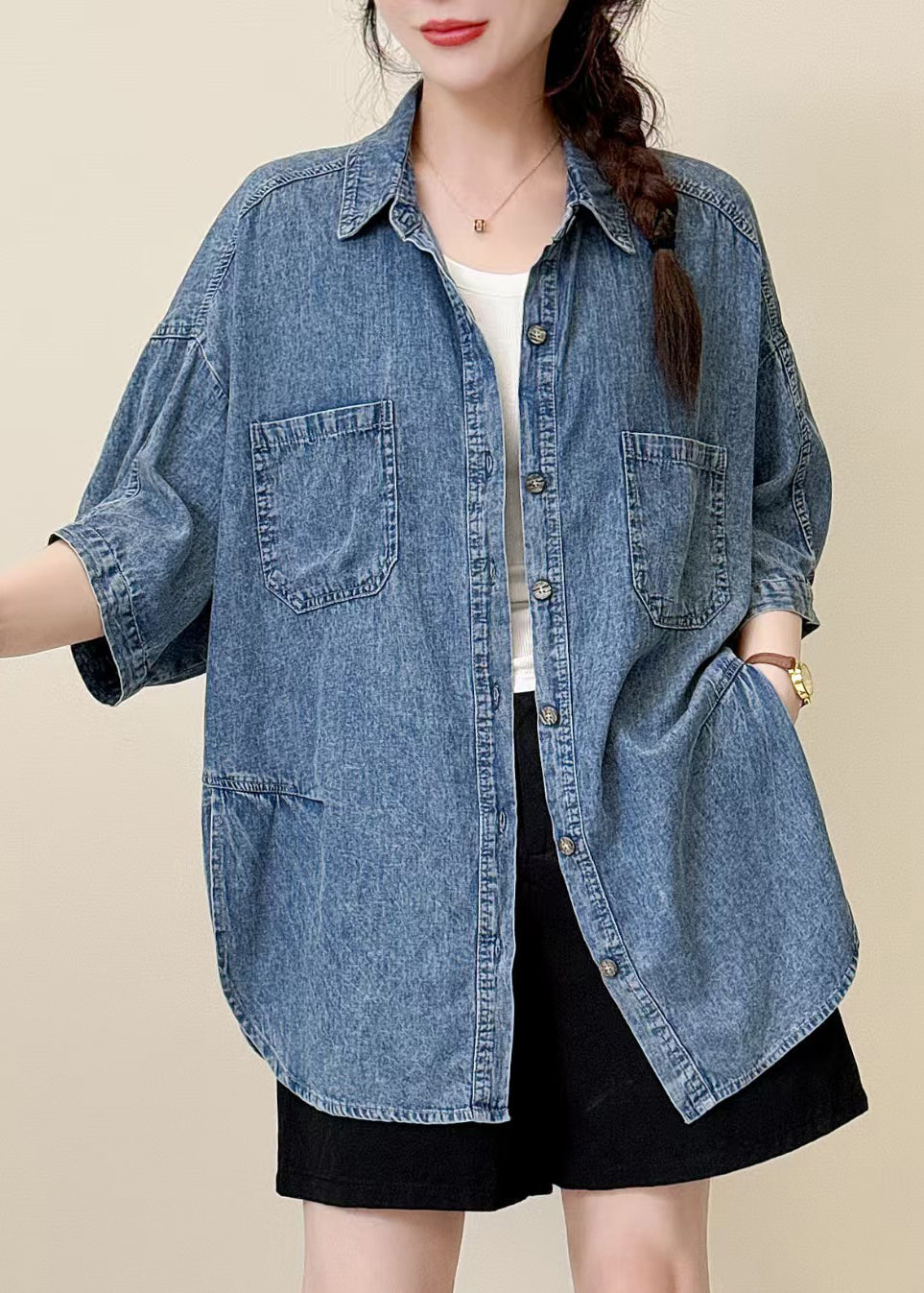 Classy Blue Oversized Side Open Denim Shirt Top Summer