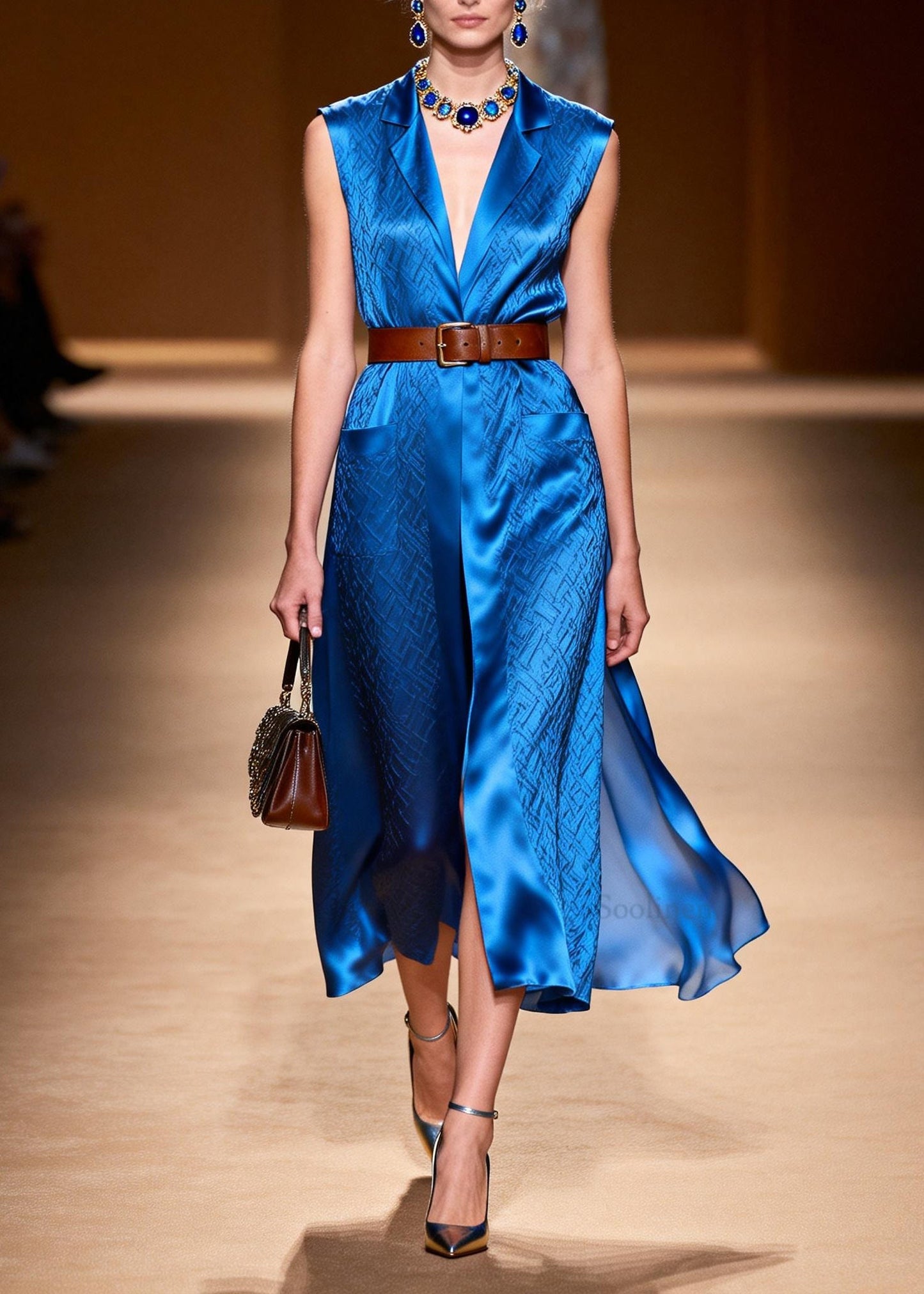 Classy Blue Peter Pan Collar Pockets Patchwork Silk Dress Sleeveless