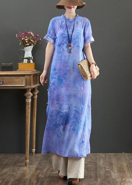 Classy Blue Purple Print Button Ankle Summer Linen Dress - SooLinen