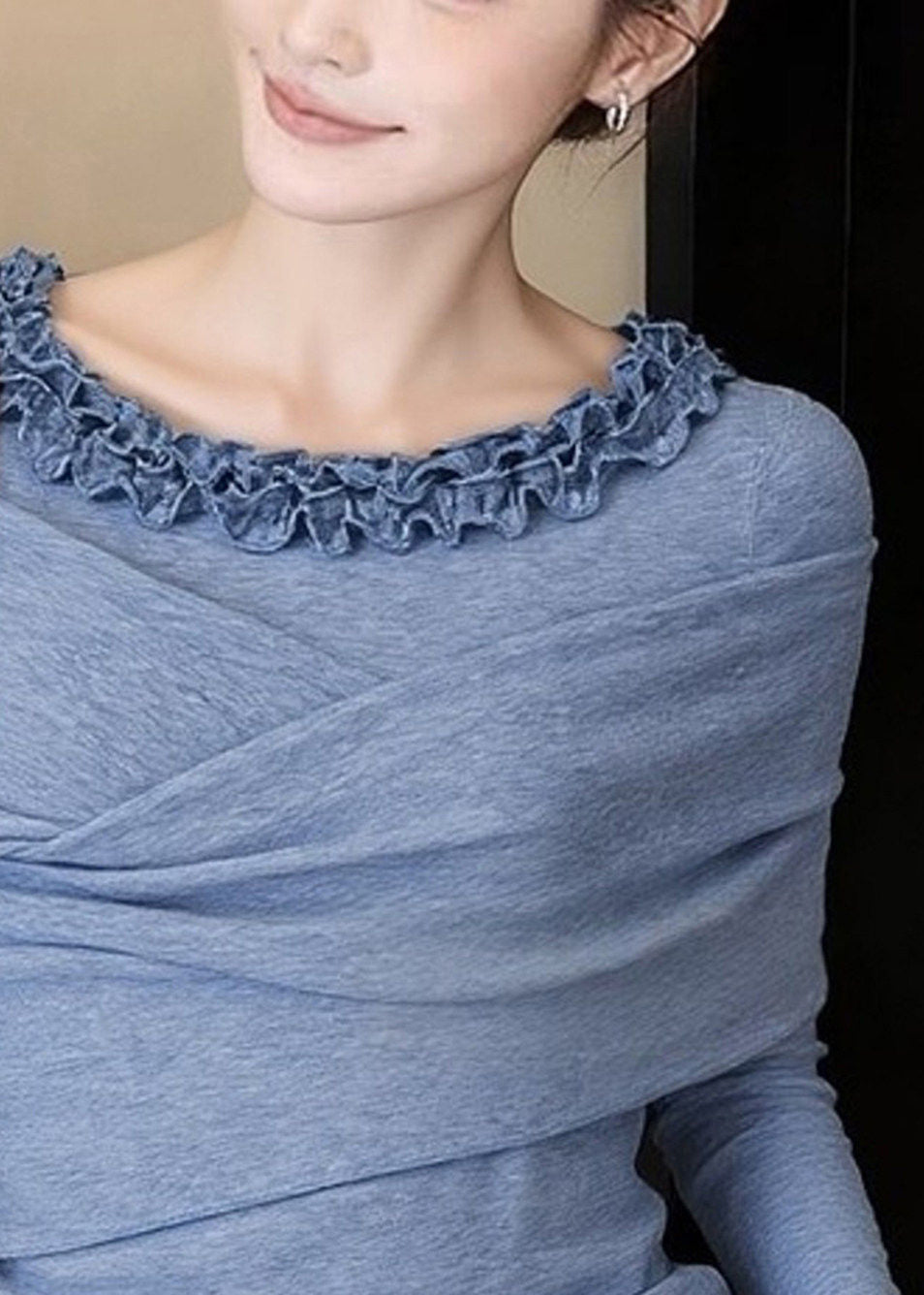 Classy Blue Ruffled Cross Cotton Shirt Top Spring