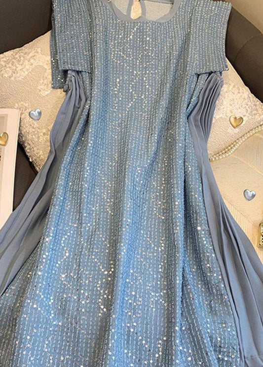 Edles blaues ärmelloses Baumwollkleid mit Patchwork-Patchwork