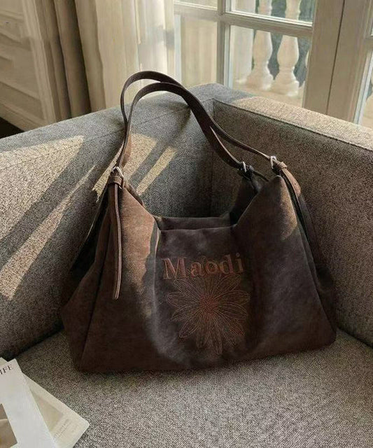 Classy Brown Embroidered Flower Letter Faux Leather Women Handbag