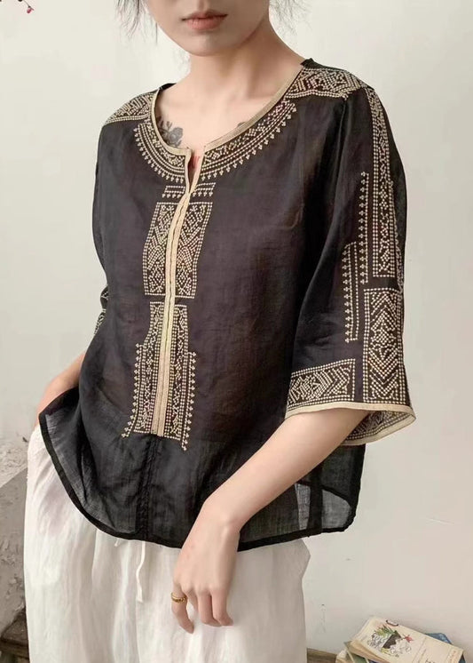 Classy Brown Embroidered Linen Top Half Sleeve