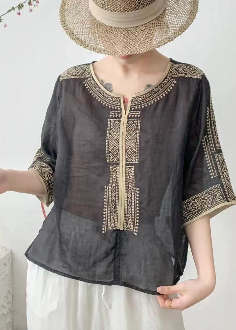Classy Brown Embroidered Linen Top Half Sleeve