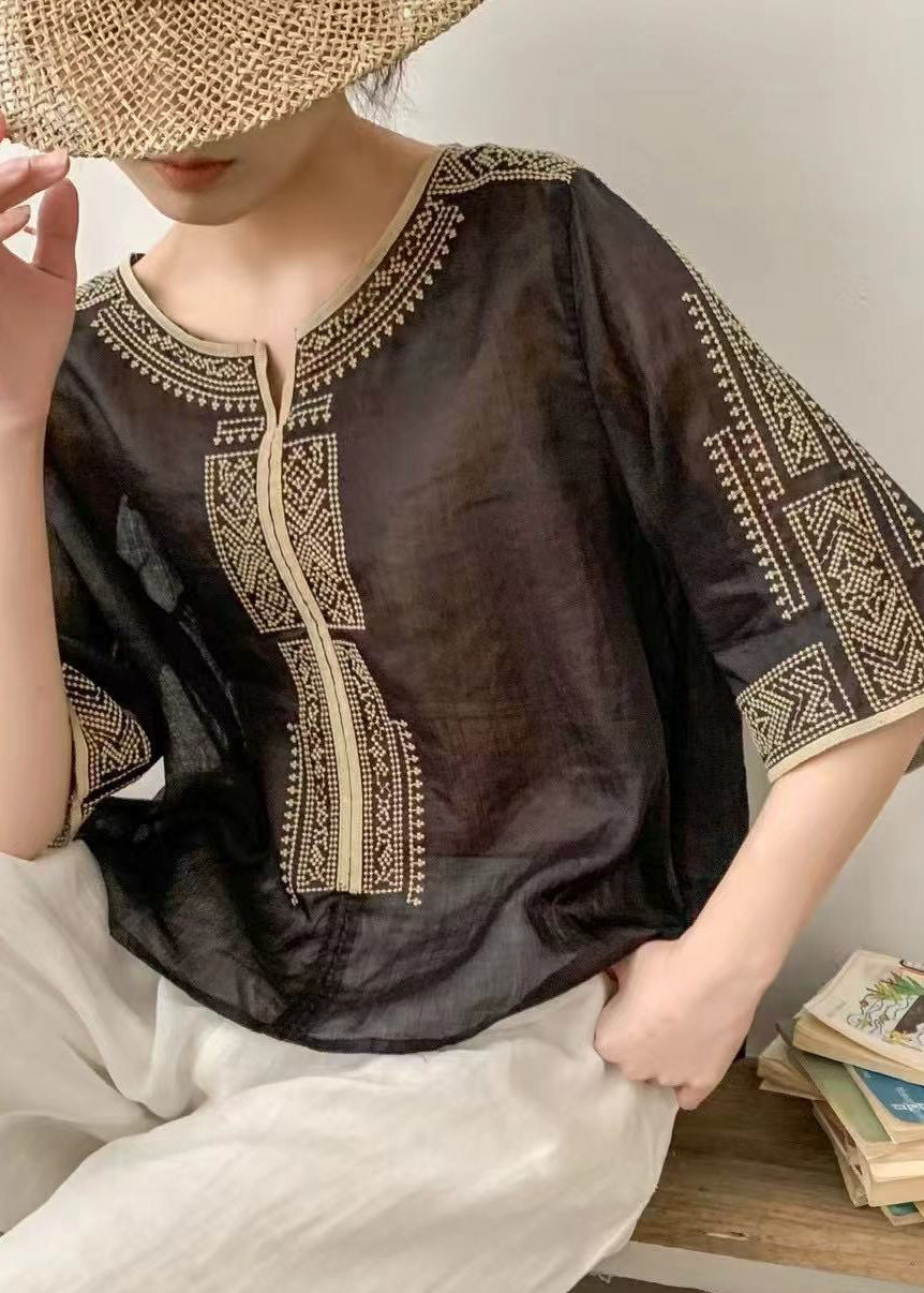 Classy Brown Embroidered Linen Top Half Sleeve