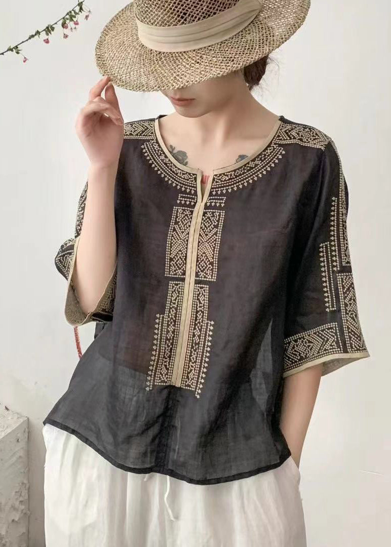 Classy Brown Embroidered Linen Top Half Sleeve