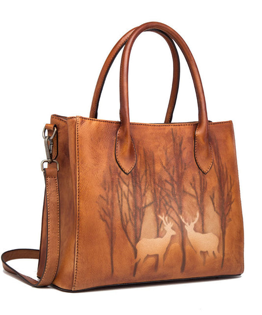 Edle braun-gelbe Tragetasche aus Leder mit Aufdruck