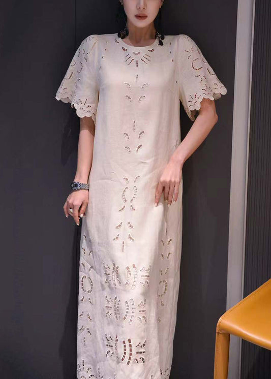 Classy Chocolate Hollow Out Pockets Cotton Long Dress Summer