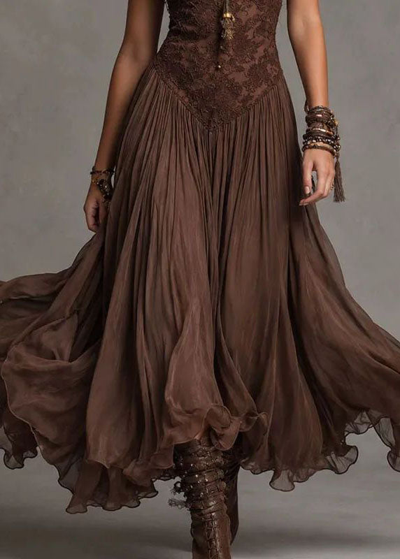 Classy Chocolate Patchwork Lace Spaghetti Strap Dress Summer