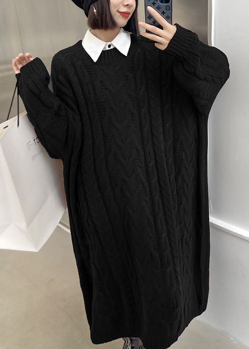 Edles, kaffeefarbenes, lässiges Jacquard-Pulloverkleid mit Rundhalsausschnitt