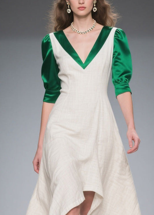 Classy Colorblock Asymmetrical Patchwork Linen Silk Dress Summer