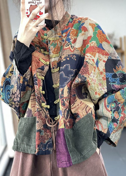 Edle Colorblock Oversized Patchwork Print Feine Baumwolljacke mit Fledermausärmeln