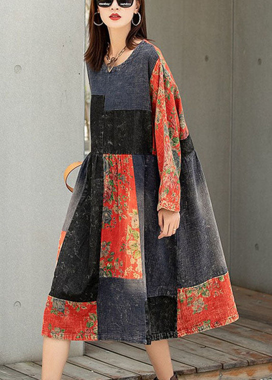 Edler Colorblock-Print Patchwork-Taschen Herbst Maxikleider Halbarm