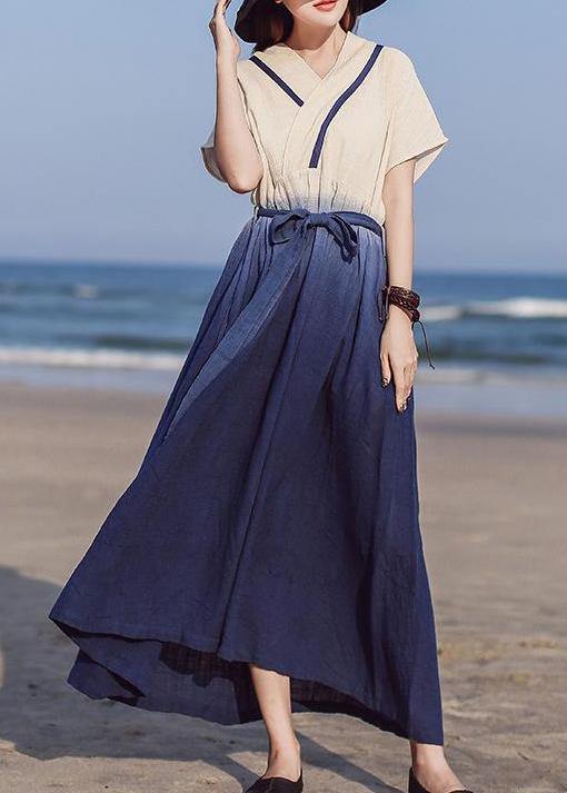 Classy Cotton clothes Women Women Drawstring V-Neck Solid Vintage A-Line Dress - SooLinen