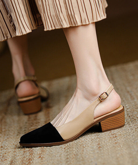 Classy Cowhide Leather Splicing Beige Sandals Pointed Toe