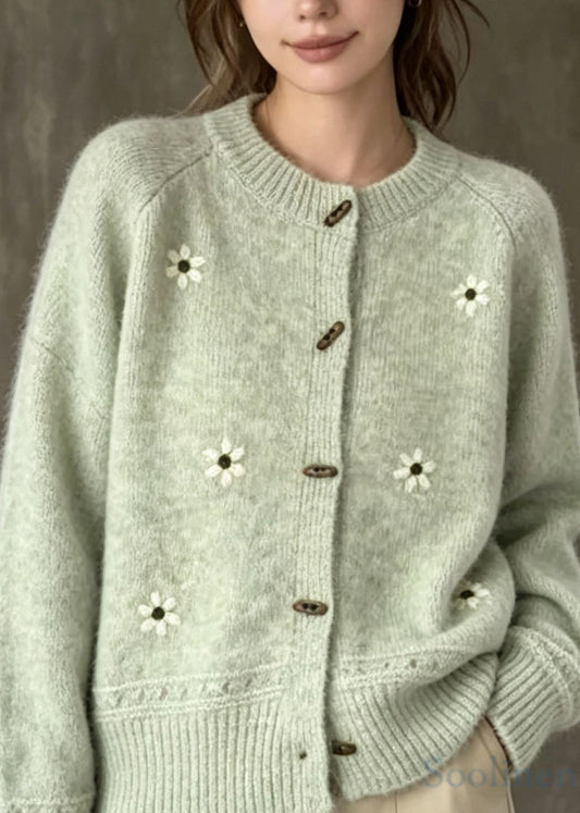Classy Green O Neck Embroidered Knit Cardigans Fall