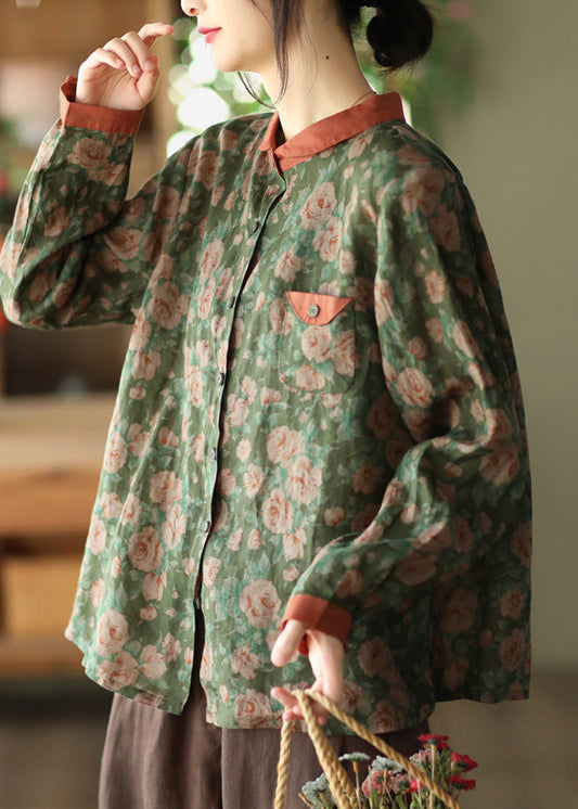 Blusa elegante de ramio con botones y estampado de cuello Peter Pan verde para primavera