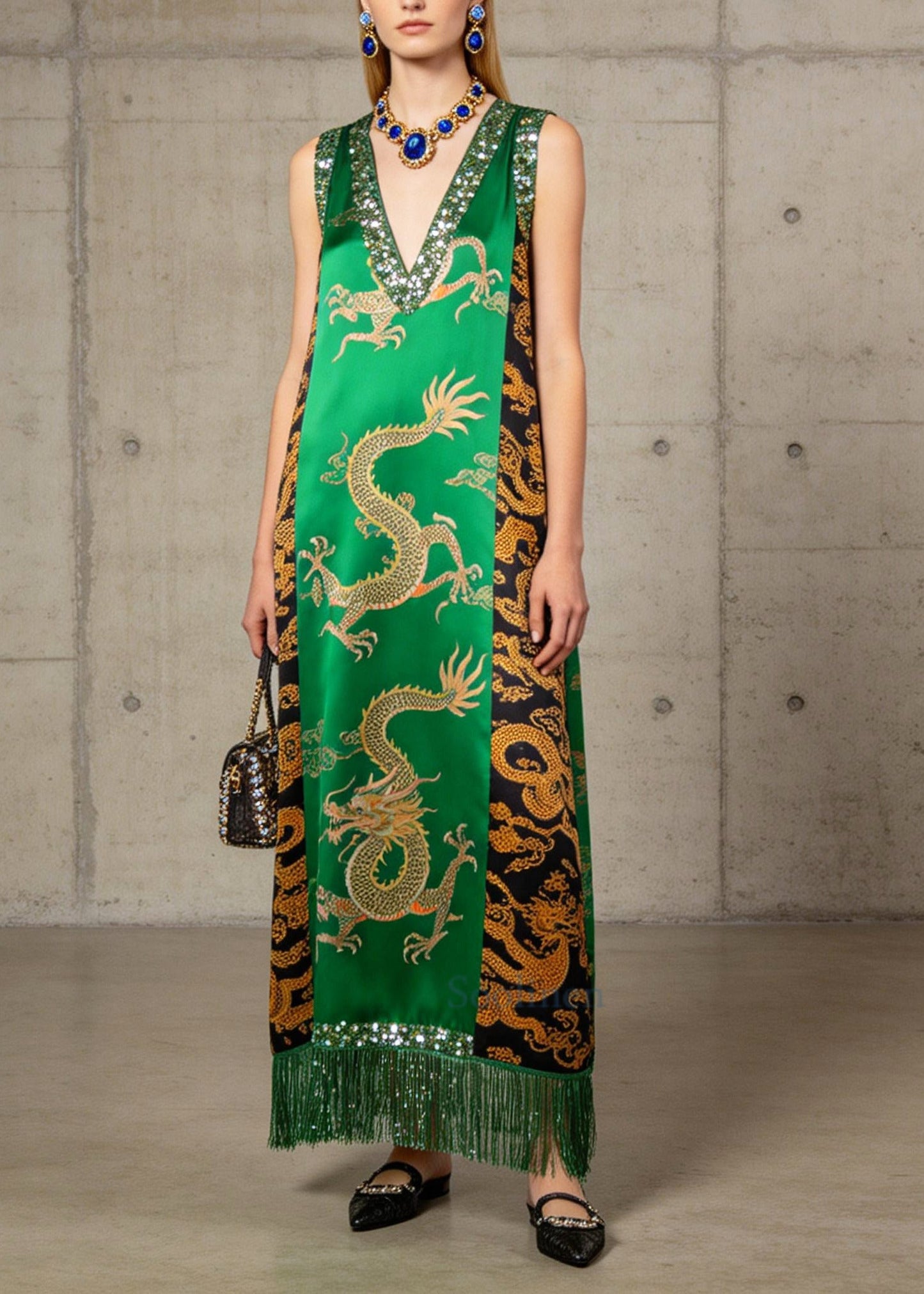 Classy Green Sequins Fringe Trim Print Silk Maxi Dresses Summer