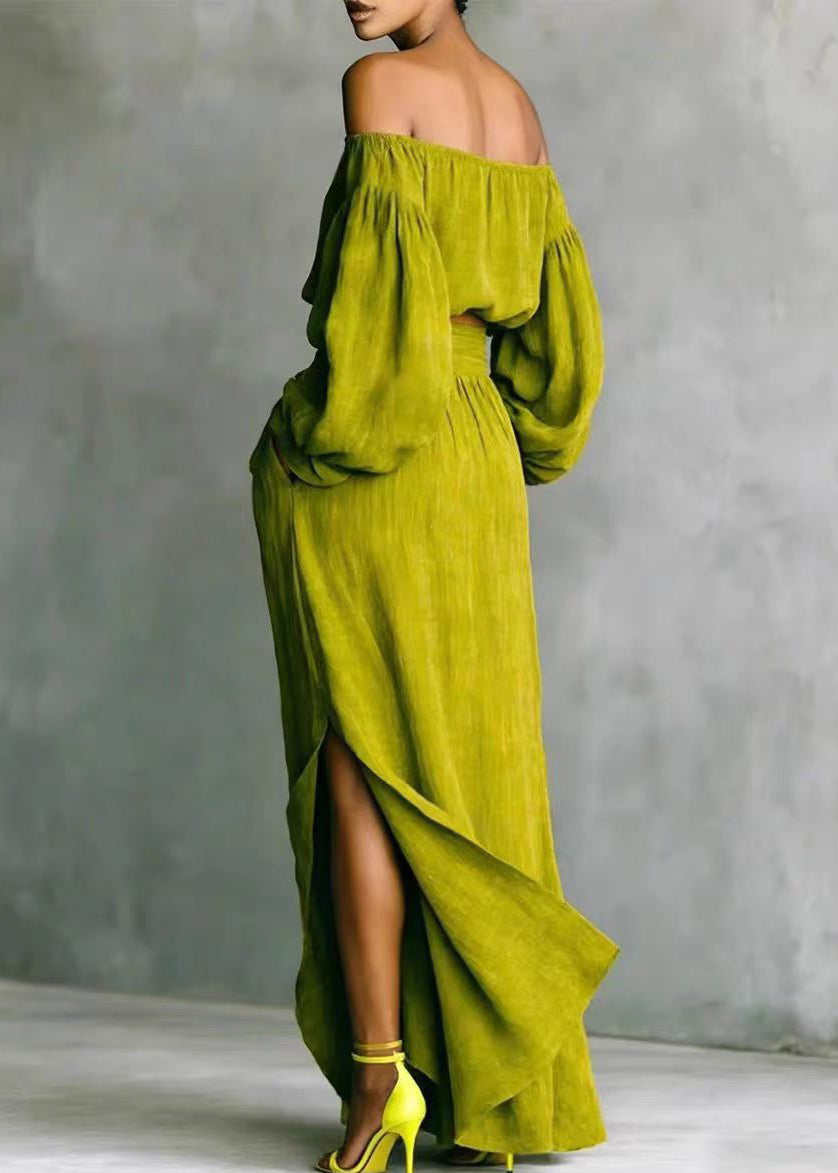 Classy Green Slash Neck Asymmetrical Side Open Two Pieces Set Long Sleeve