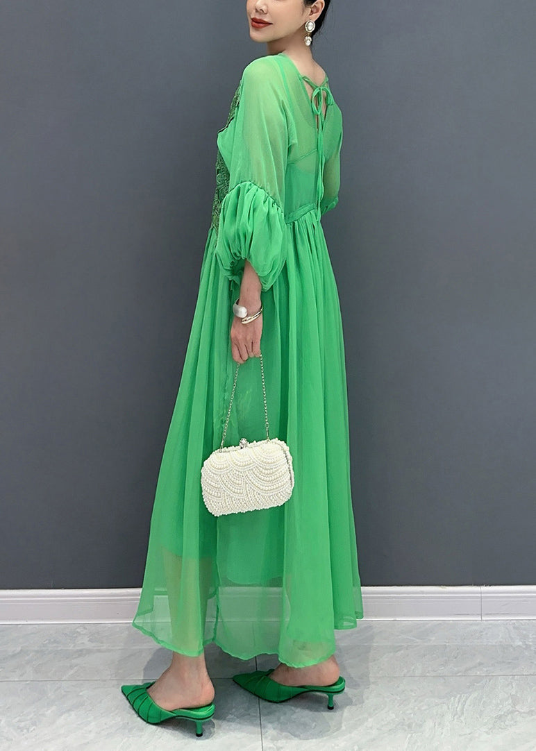 Classy Green V Neck Patchwork Chiffon Maxi Dresses Fall