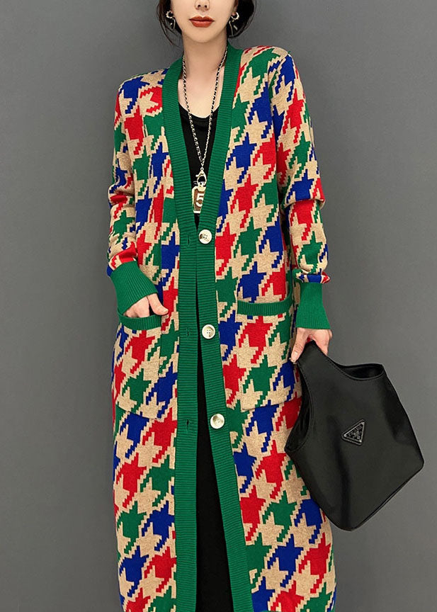 Edle grüne V-Ausschnitt Plaid Taschen stricken lange Strickjacken Winter