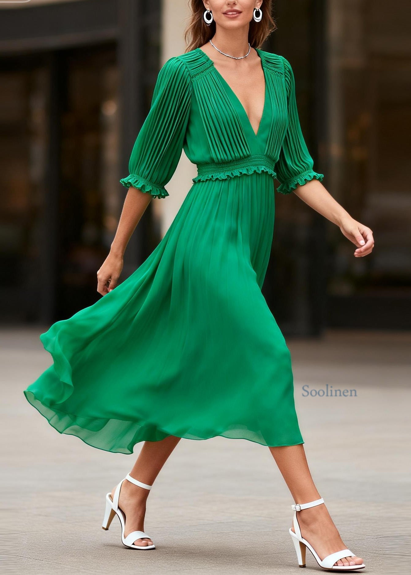 Classy Green V Neck Ruffled Patchwork Chiffon Dress Summer