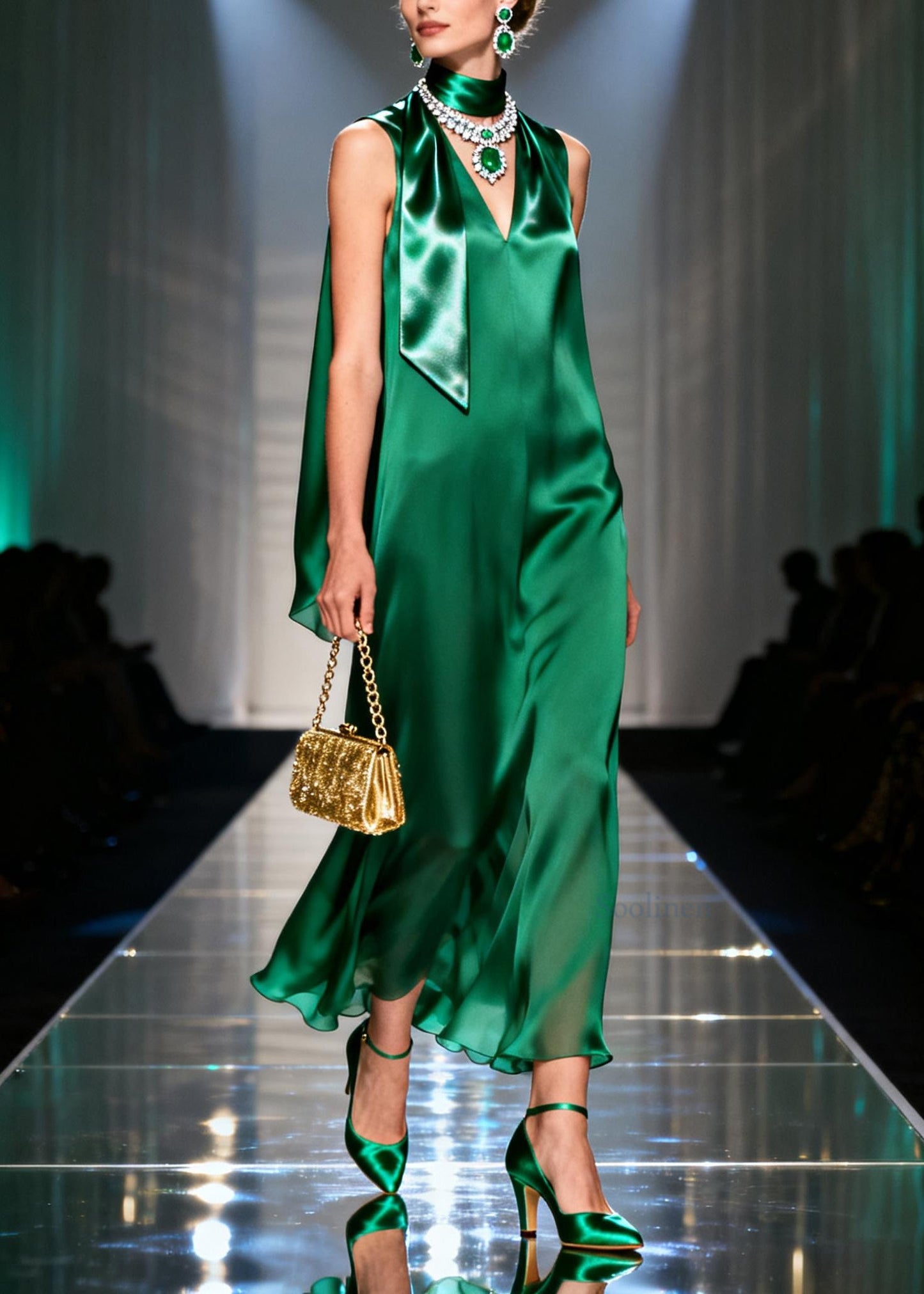 Classy Green V Neck Silk Long Dresses Sleeveless