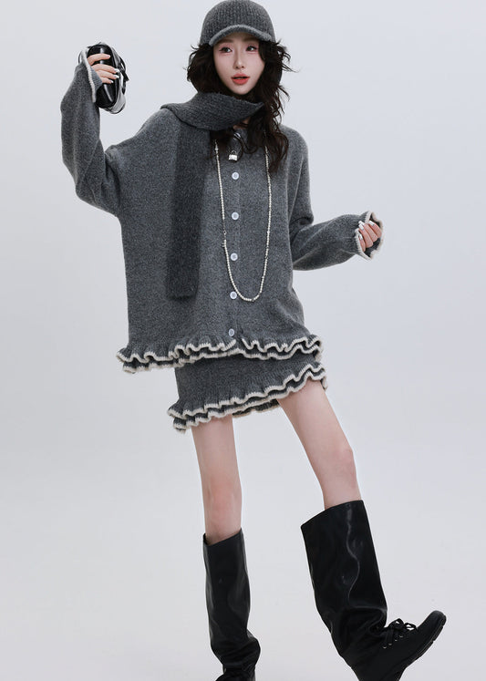 Classy Grey Ruffled Warm Knit Cardigan Two Piece Set Outfits Winter