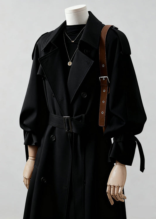 Eleganter, khakifarbener, gekerbter, zweireihiger Baumwoll-Trenchcoat für den Frühling