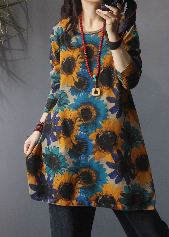 Edler Khaki O-Ausschnitt Print Seite offen Herbst Strick Strick Langer Pullover