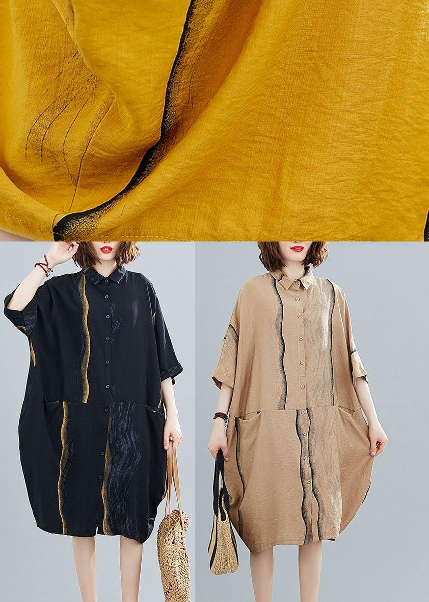 Classy Khaki Patchwork Pockets Summer Half Sleeve Holiday Dress - SooLinen