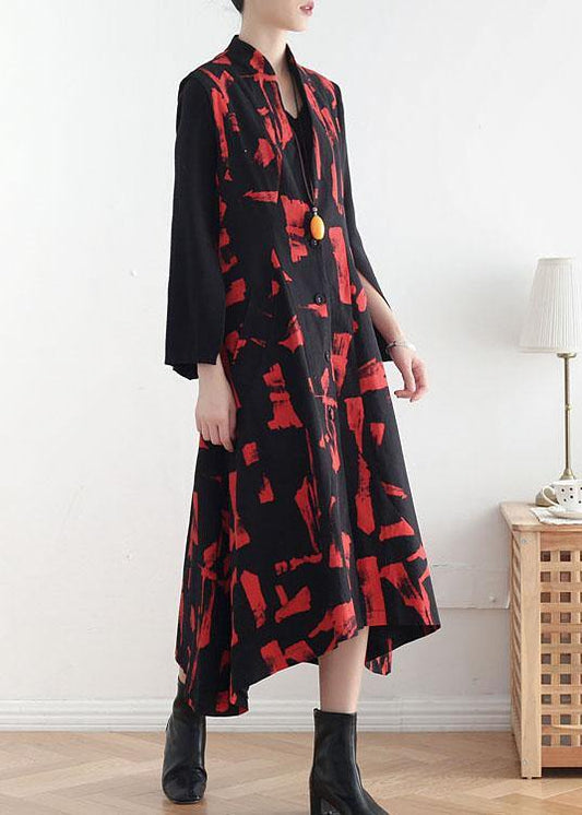 Classy Mulberry Print Peter Pan Collar Button Waistcoat Long Dress Fall Cotton Dress - SooLinen