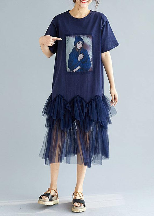 Classy Navy Patchwork Character Pattern Short Sleeve Robe Dresses - SooLinen