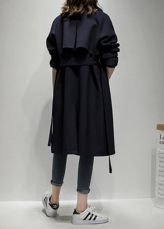 Classy Notched double breast Plus Size trench coat navy silhouette outwear - SooLinen