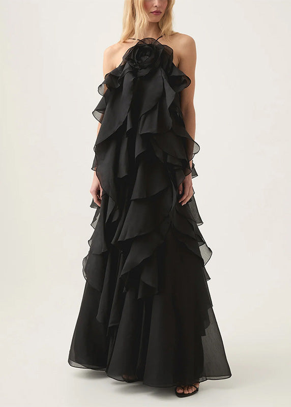 Classy Orange Ruffled Asymmetrical Patchwork Chiffon Dress Summer