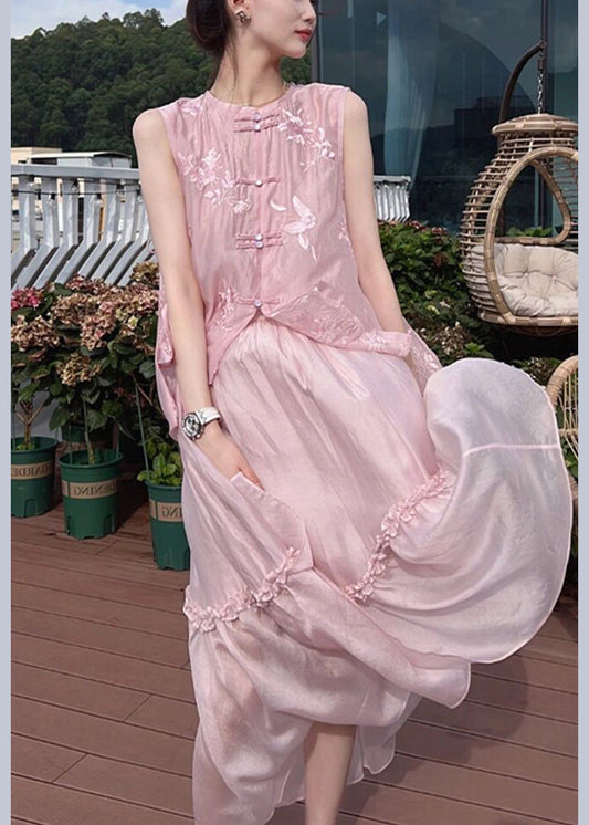 Edles rosa besticktes Rüschenknopf-Zweiteiler-Set aus Baumwolle