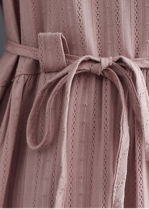 Elegantes rosa Stehkragen Knopf Krawatte Taille langes Kleid Sommer