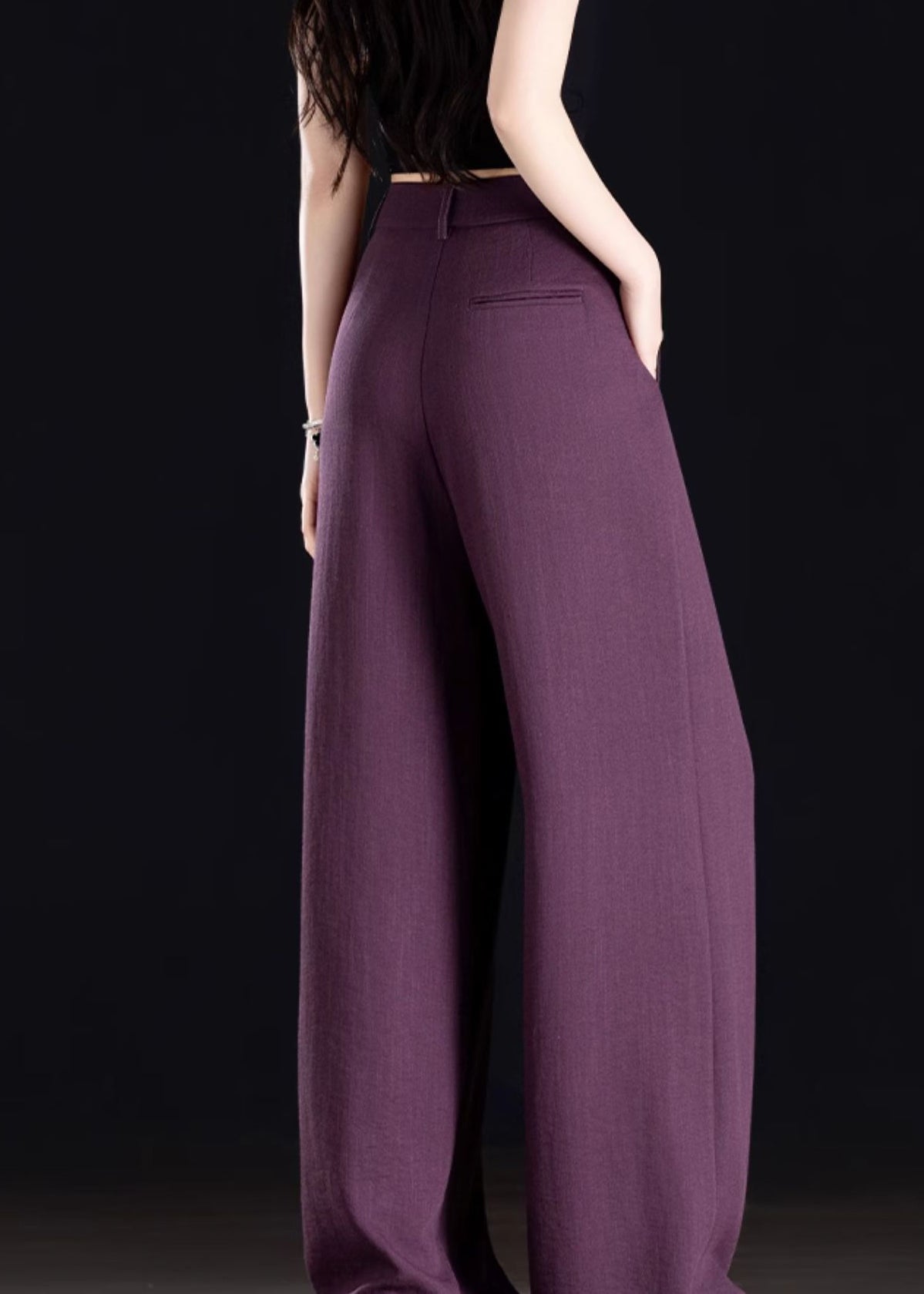 Classy Purple Pockets Patchwork Linen Straight Pants Spring