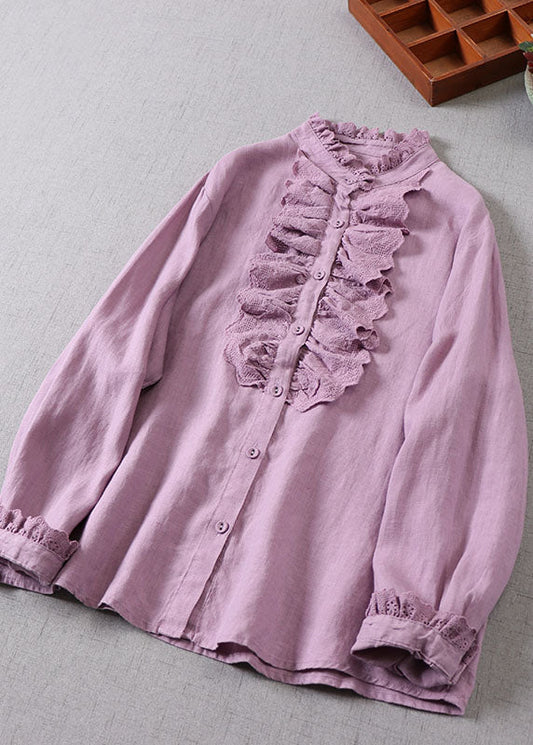Classy Purple Ruffled Button Linen Shirt Spring