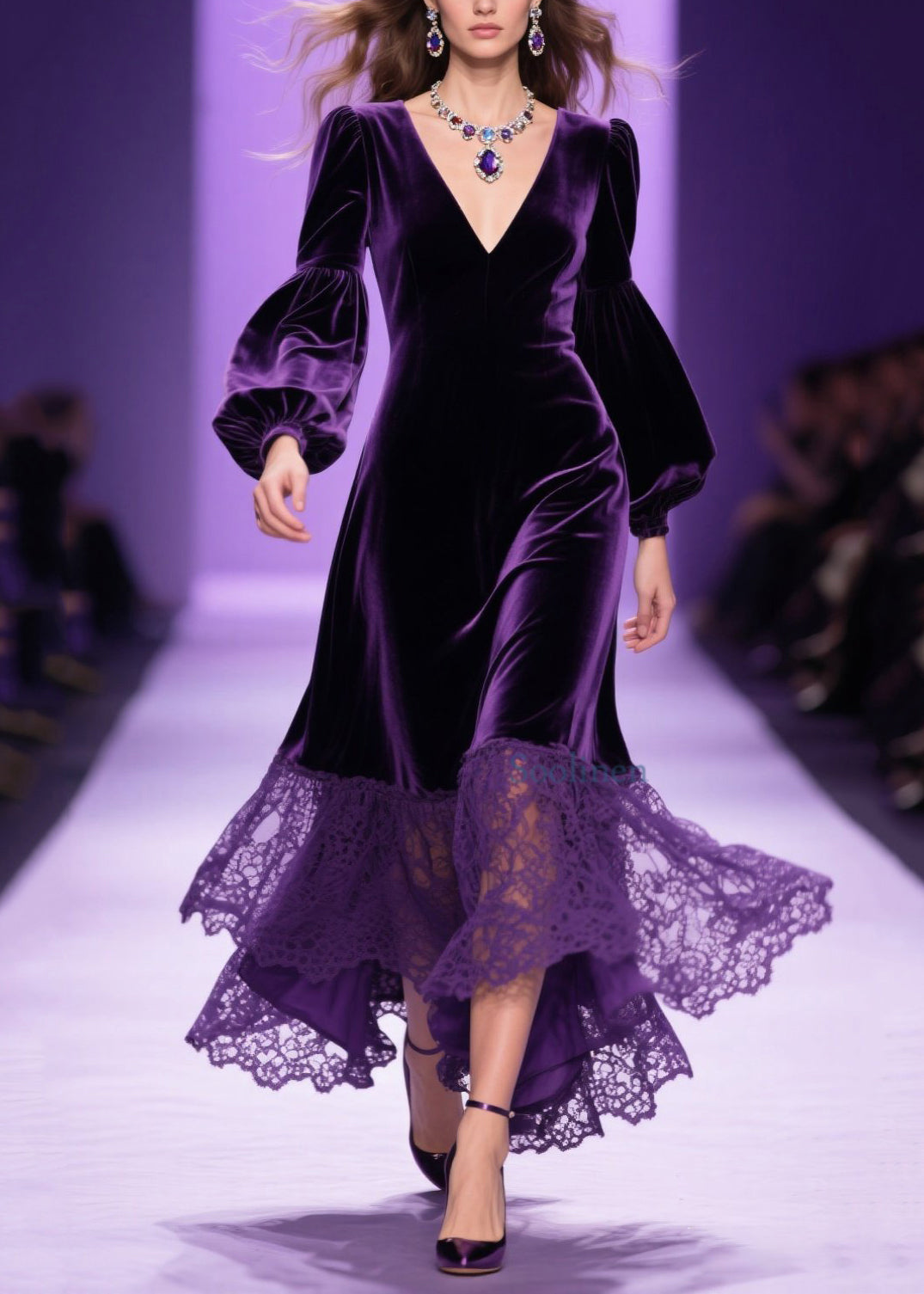 Vestido elegante de terciopelo con patchwork de encaje y escote en V morado para primavera