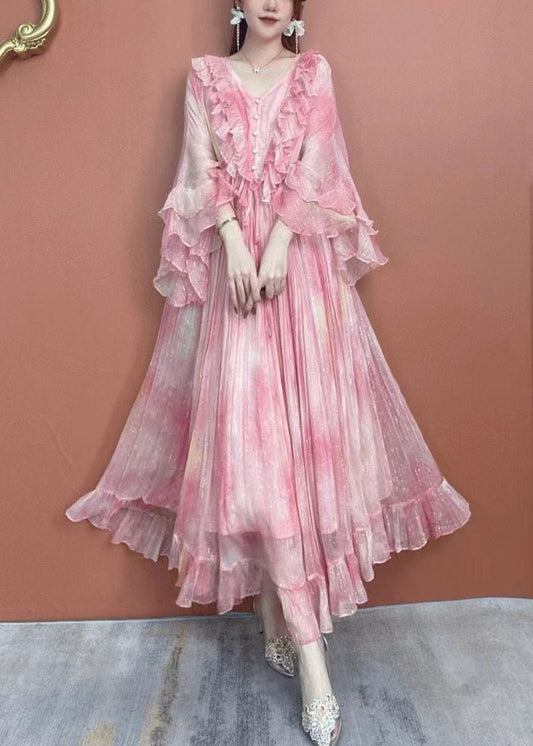 Edles lila Seidenkleid mit V-Ausschnitt, Rüschendruck und Schmetterlingsärmeln