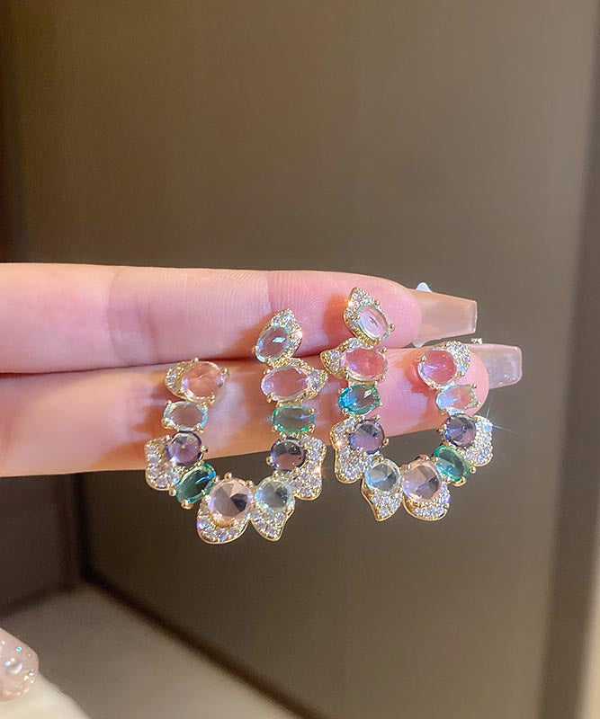 Pendientes de aro con forma de U de cobre, cristal y circonitas arcoíris