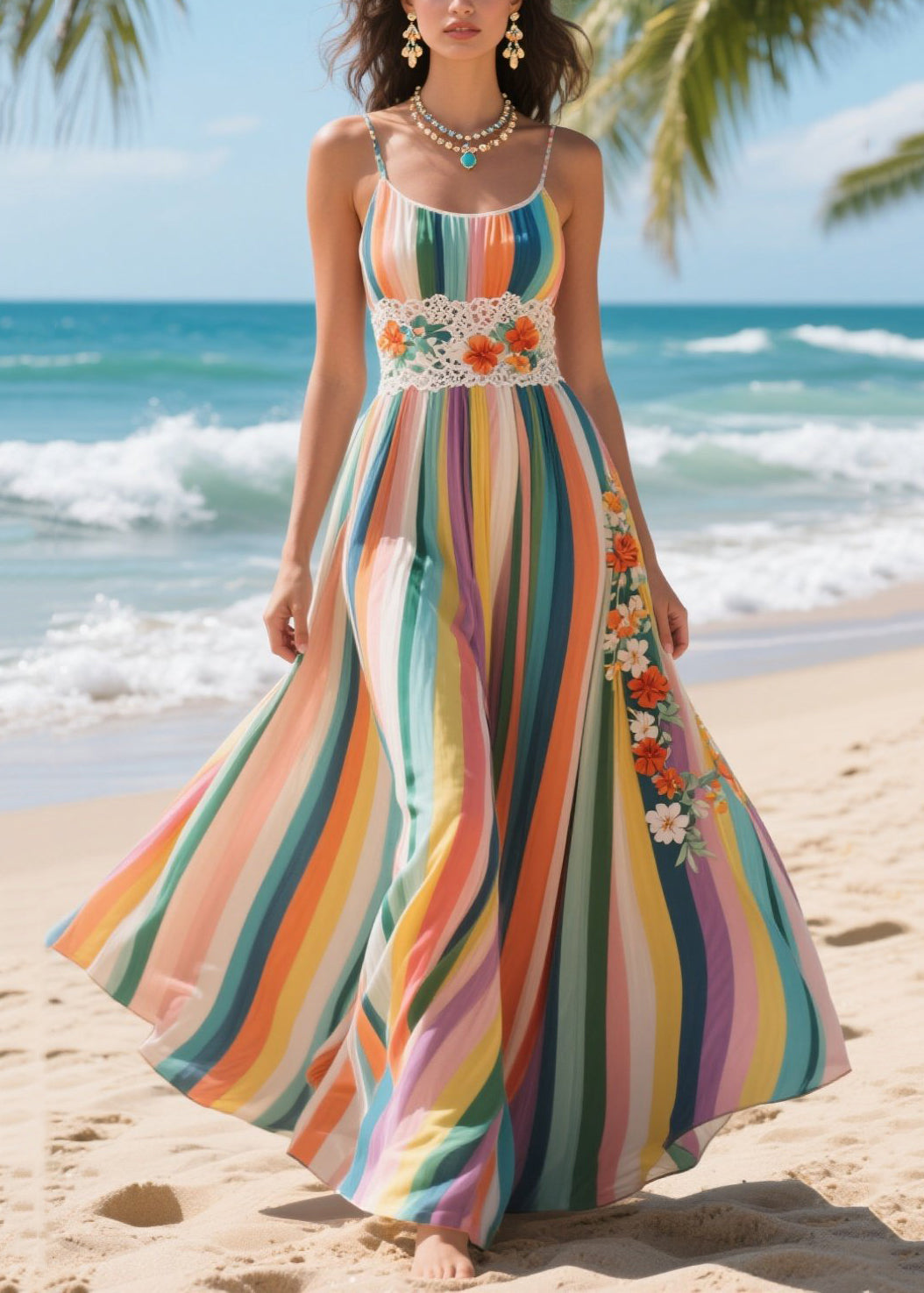Classy Rainbow Striped Patchwork Flower Lace Chiffon Cami Dresses Summer