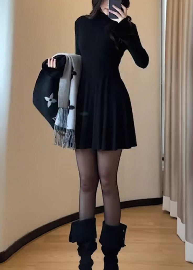 Classy Red Stand Collar Silm Fit Cotton Mid Dress Flare Sleeve