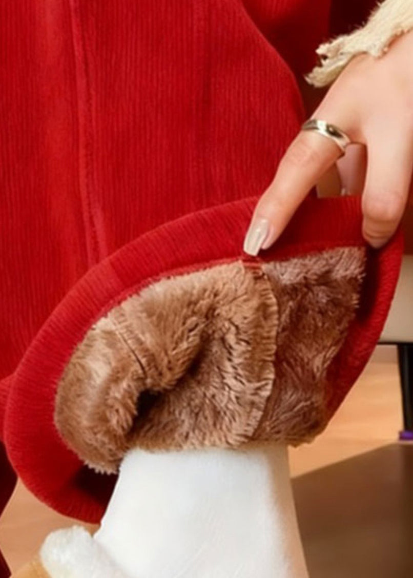Pantalones de polar gruesos de cintura alta y cálidos de color rojo elegante para invierno