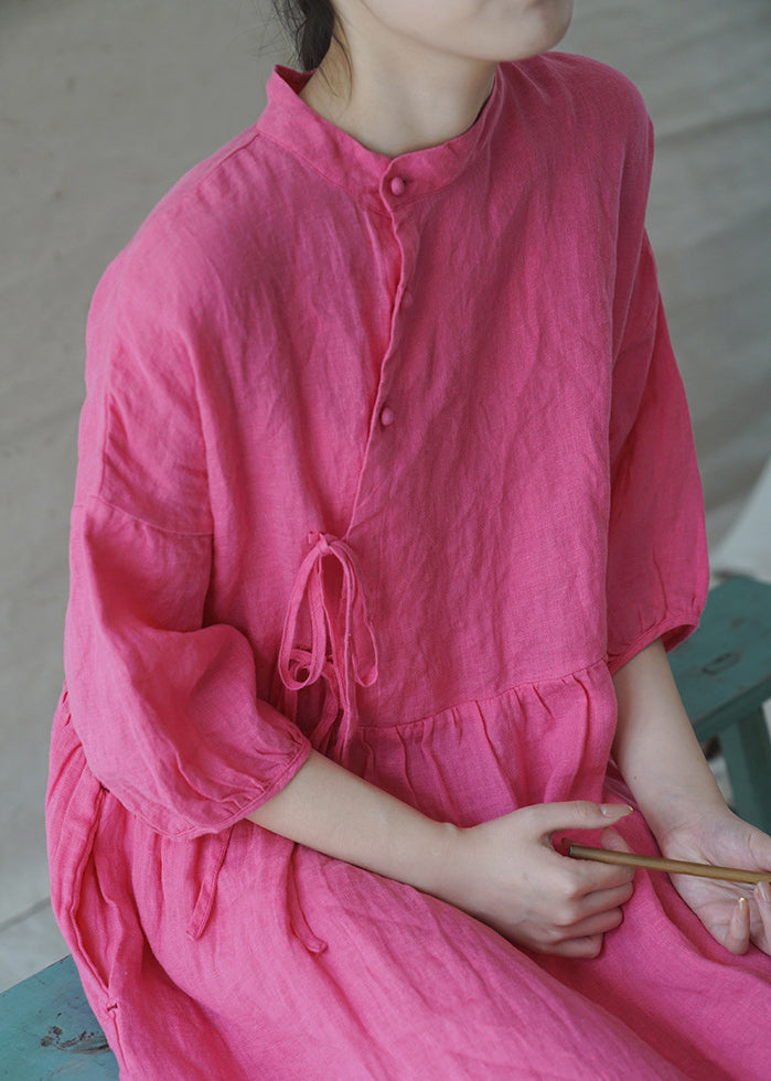 Classy Rose Stehkragen Knopf Cinched Leinen Urlaub Kleid Halbarm