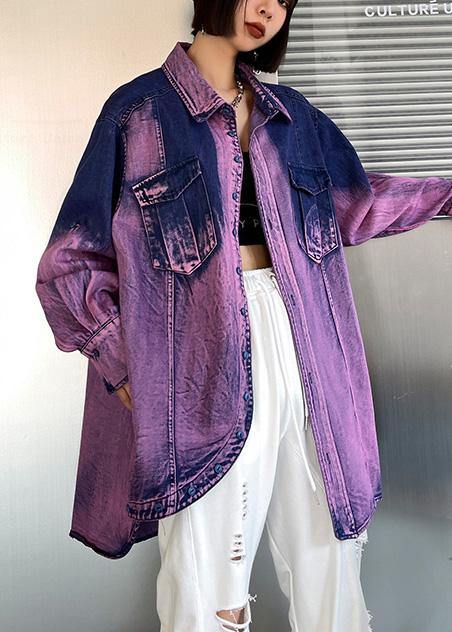 Classy Tie Dye Purple Asymmetrical Design Cotton Long Sleeve Spring Shirt - SooLinen